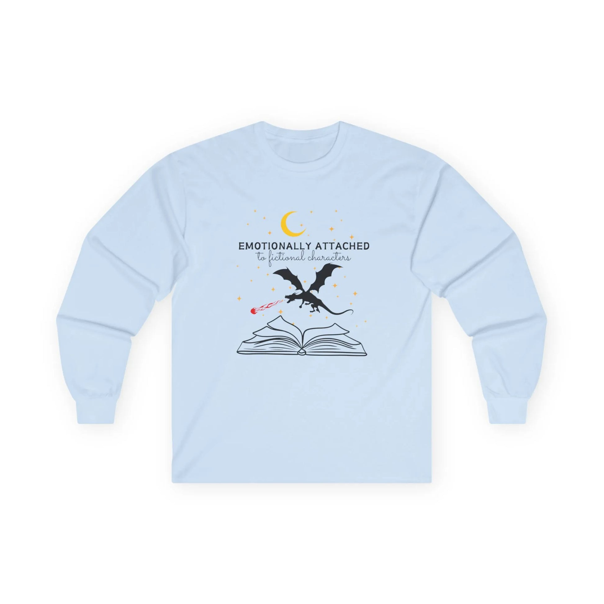 Fictional Characters Long Sleeve featuring a dragon rising from a book with the quote, perfect for book lovers and cozy nights.