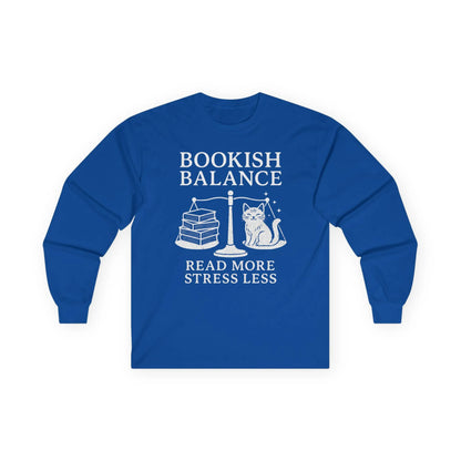 Bookish Balance Long Sleeve featuring a cute cat and books on a scale with text 'Read More Stress Less' – perfect for book lovers!