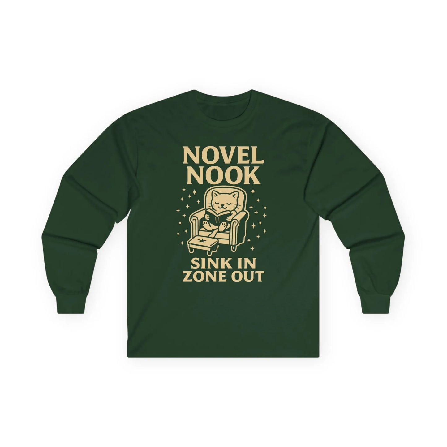 Novel Nook Long Sleeve featuring a cozy cat in an armchair, saying 'Sink In Zone Out' for book lovers and cat fans.