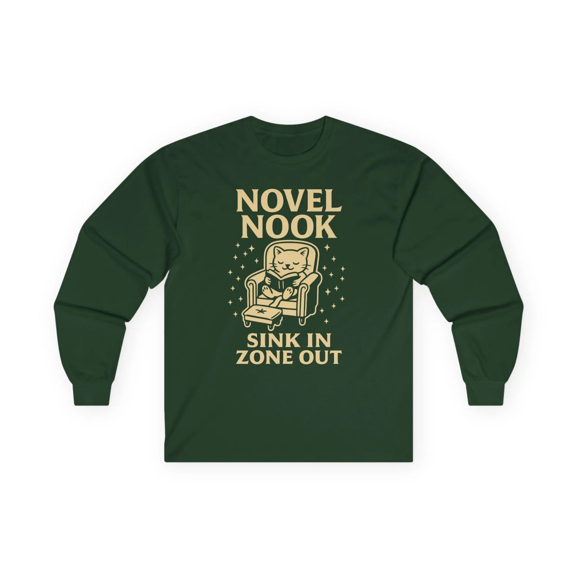 Novel Nook Long Sleeve featuring a cozy cat in an armchair, saying 'Sink In Zone Out' for book lovers and cat fans.