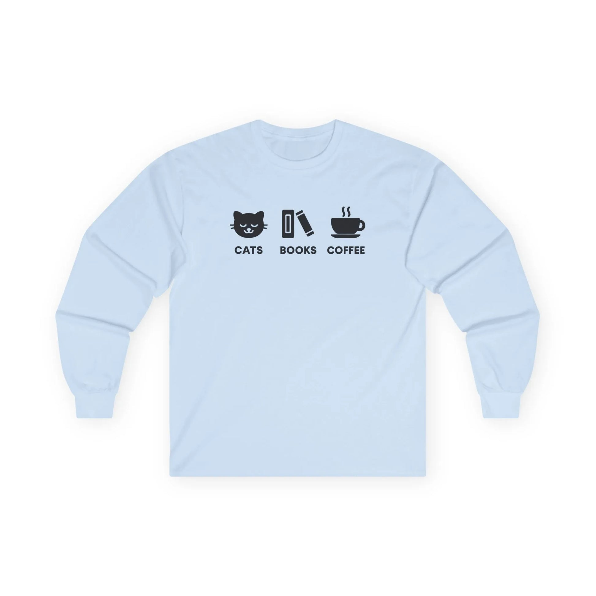 Holy Trinity Long Sleeve in light blue featuring playful graphics of cats, books, and coffee, ideal for cozy reading.