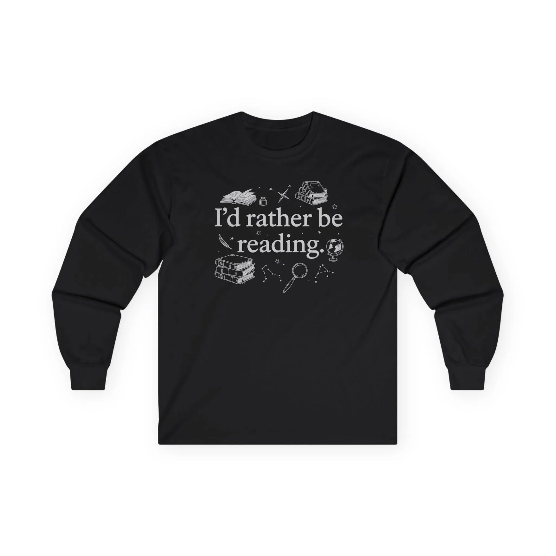 Rather Be Reading 2 Long Sleeve shirt featuring a fun reading quote, perfect for book lovers and cozy reading sessions.