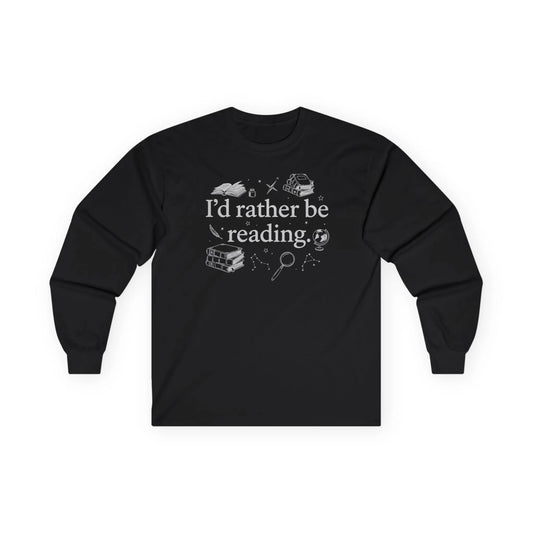 Rather Be Reading 2 Long Sleeve shirt featuring a fun reading quote, perfect for book lovers and cozy reading sessions.