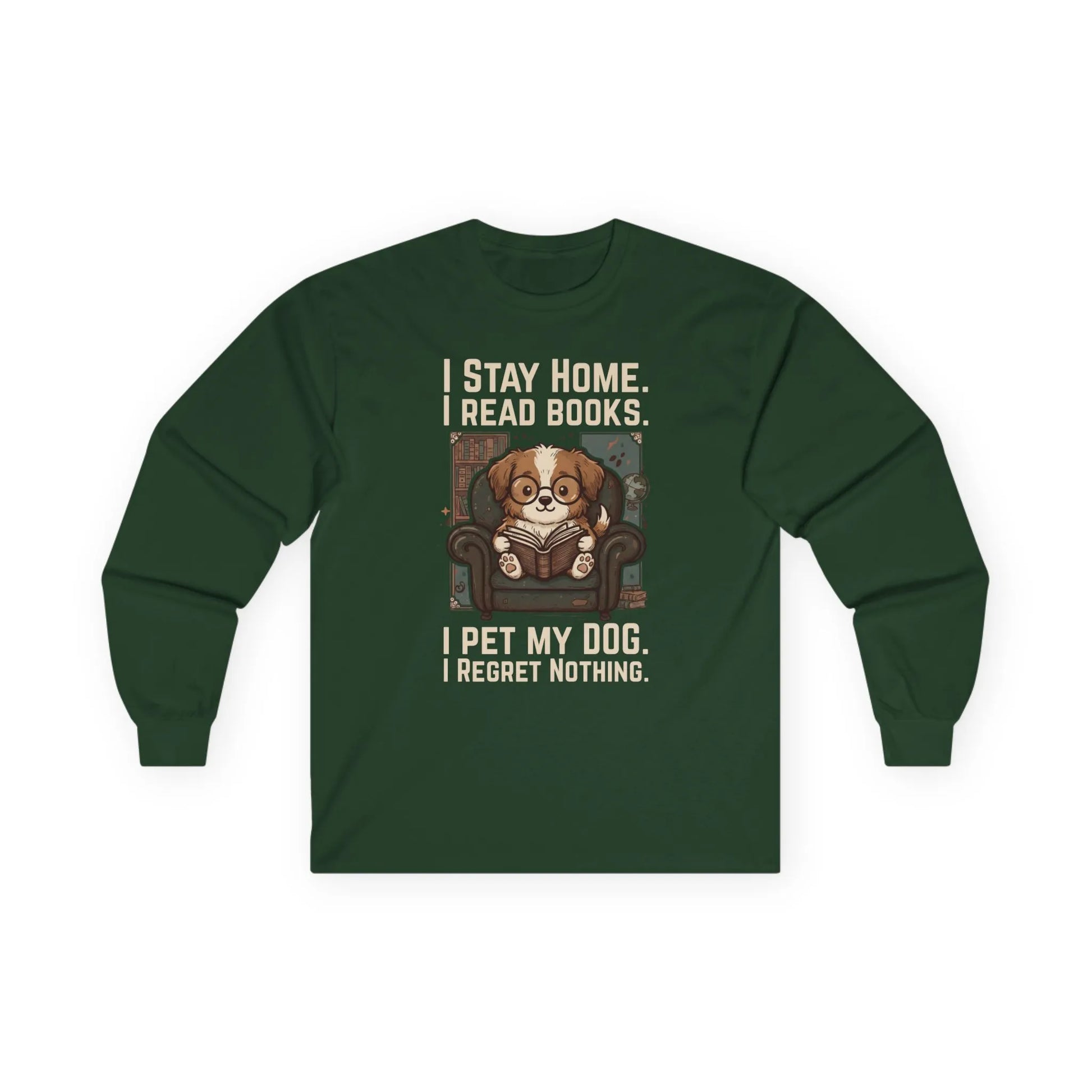 Library Dog Reader Long Sleeve in dark green featuring a dog reading a book with humorous text, perfect for book lovers and dog owners.