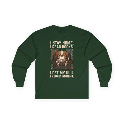 Library Dog Reader Long Sleeve in dark green featuring a dog reading a book with humorous text, perfect for book lovers and dog owners.