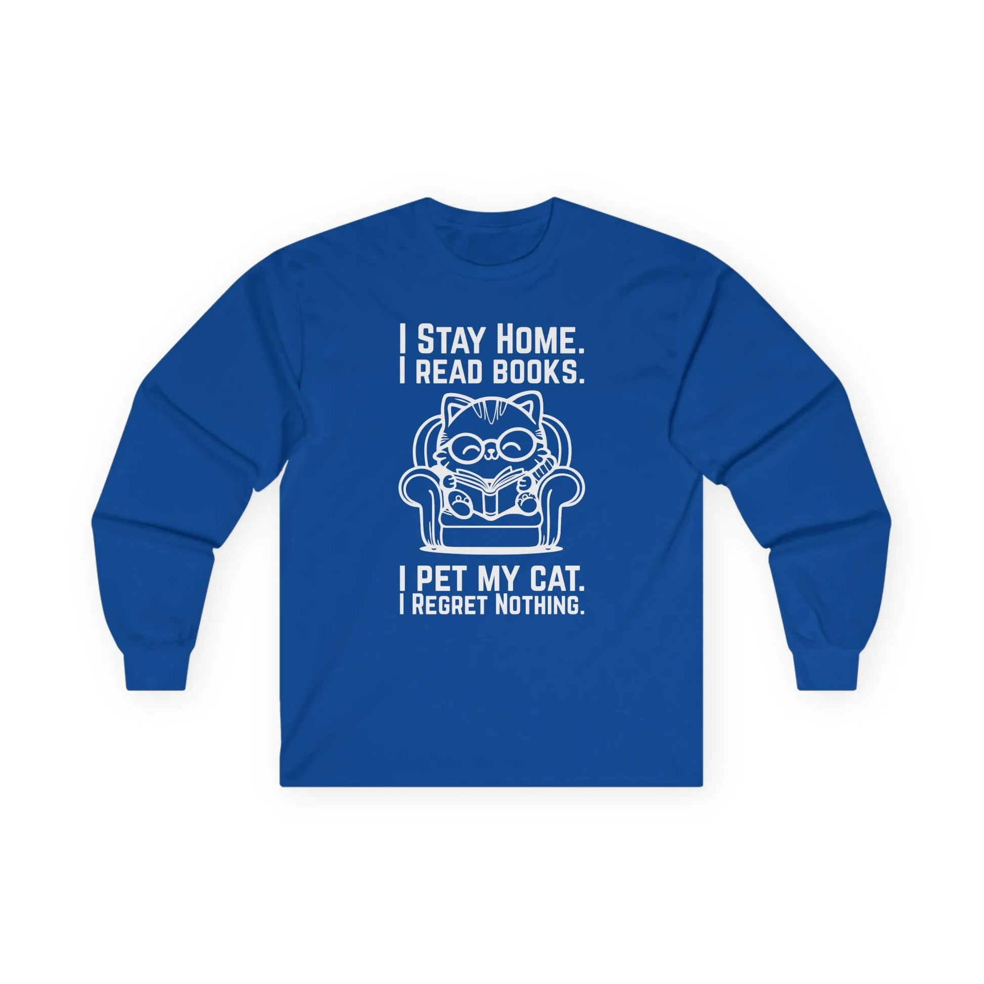 No Regrets, Just Cats Long Sleeve features a cat illustration with text about reading and cats, perfect book lover shirt for cozy nights.