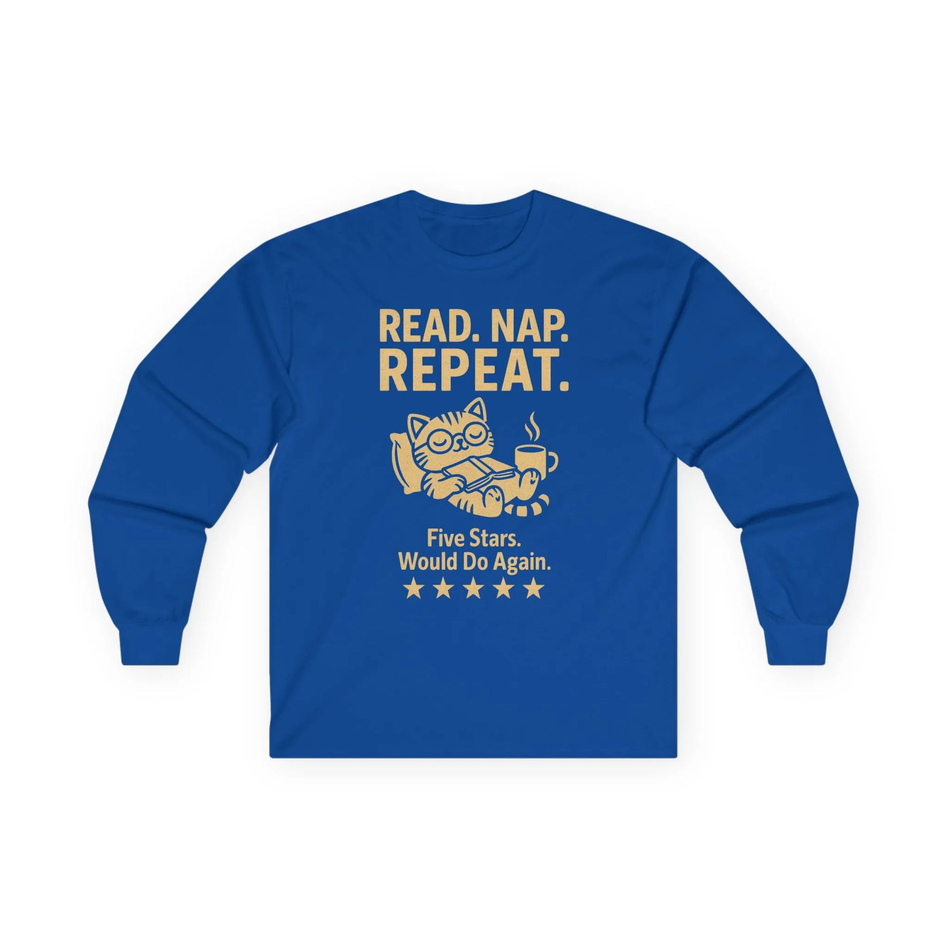 Read. Nap. Repeat. Long Sleeve shirt with a relaxed cat holding coffee, featuring bookish humor and five-star text.