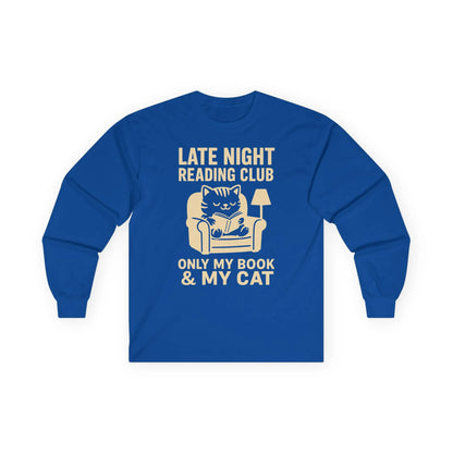 Late Night Reading Club shirt featuring a cozy cat in a chair, perfect for book lovers who adore cats, coffee, and humor.
