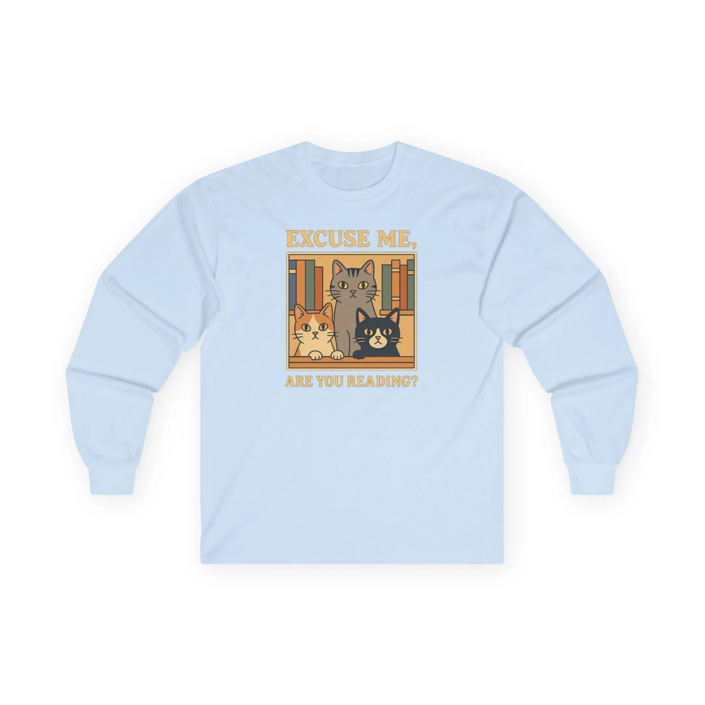 Cute cat reading long sleeve shirt featuring library cats with the text "Excuse me, Are You Reading?"