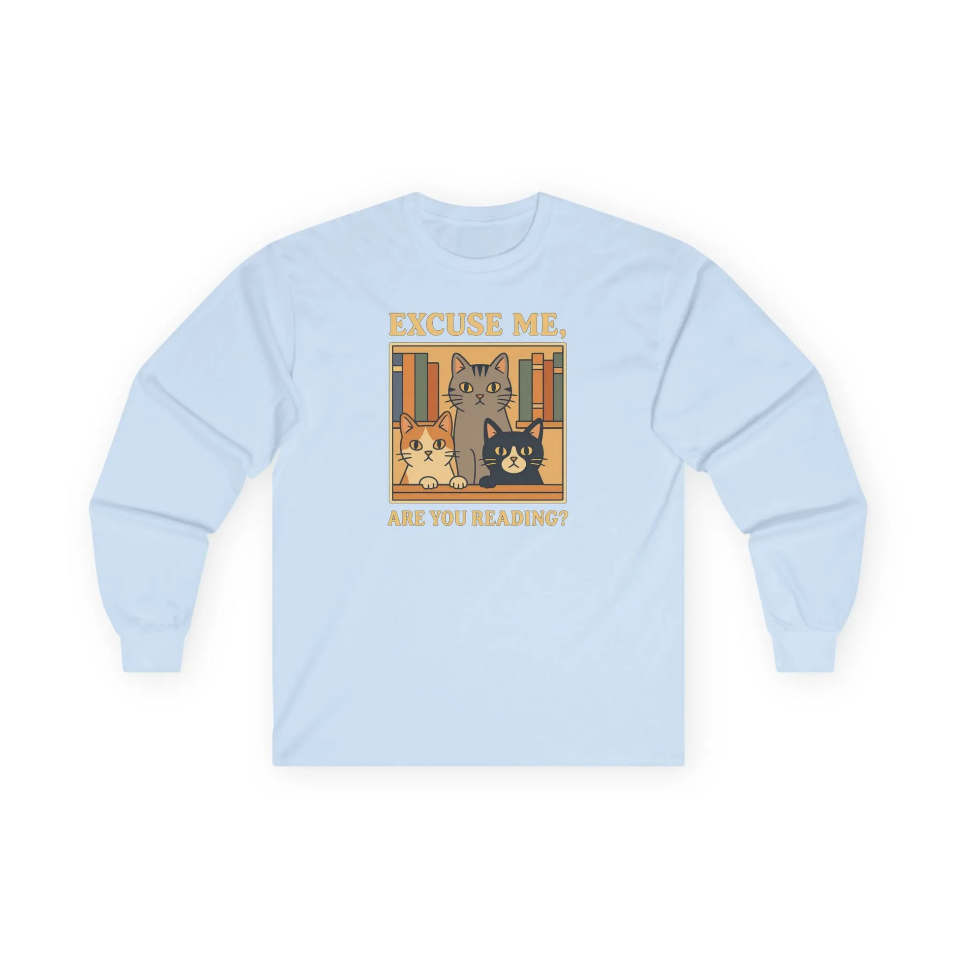 Cute cat reading long sleeve shirt featuring library cats with the text "Excuse me, Are You Reading?"