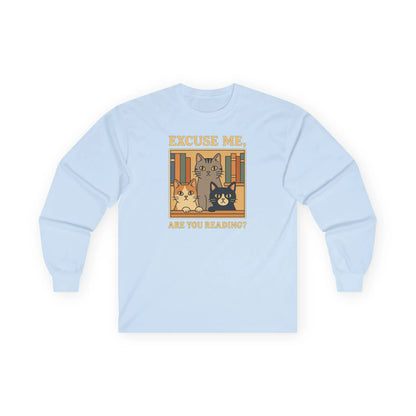 Cute cat reading long sleeve shirt featuring library cats with the text "Excuse me, Are You Reading?"