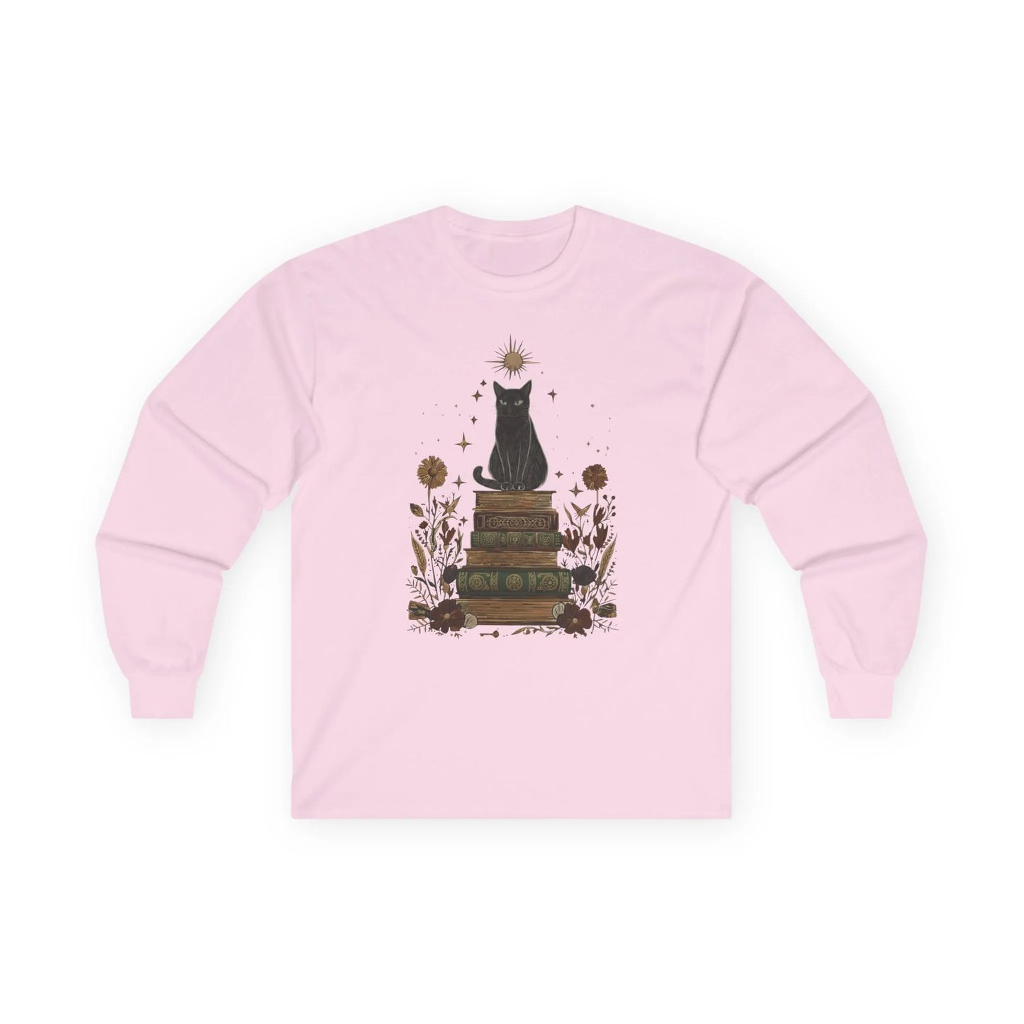Mystic Cat & Books Long Sleeve featuring a celestial black cat perched on a vintage book stack, ideal gift for book lovers.