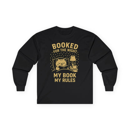 Black long sleeve shirt with a cute cat, lamp, and text saying "Booked for the Night, My Book My Rules" for book lovers.