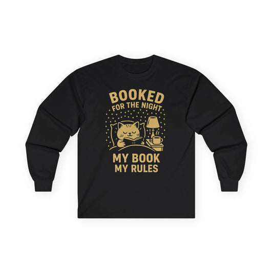 Black long sleeve shirt with a cute cat, lamp, and text saying "Booked for the Night, My Book My Rules" for book lovers.