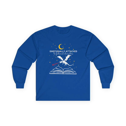 Fictional Characters Long Sleeve shirt with a dragon soaring from an open book and the quote "Emotionally Attached to Fictional Characters."