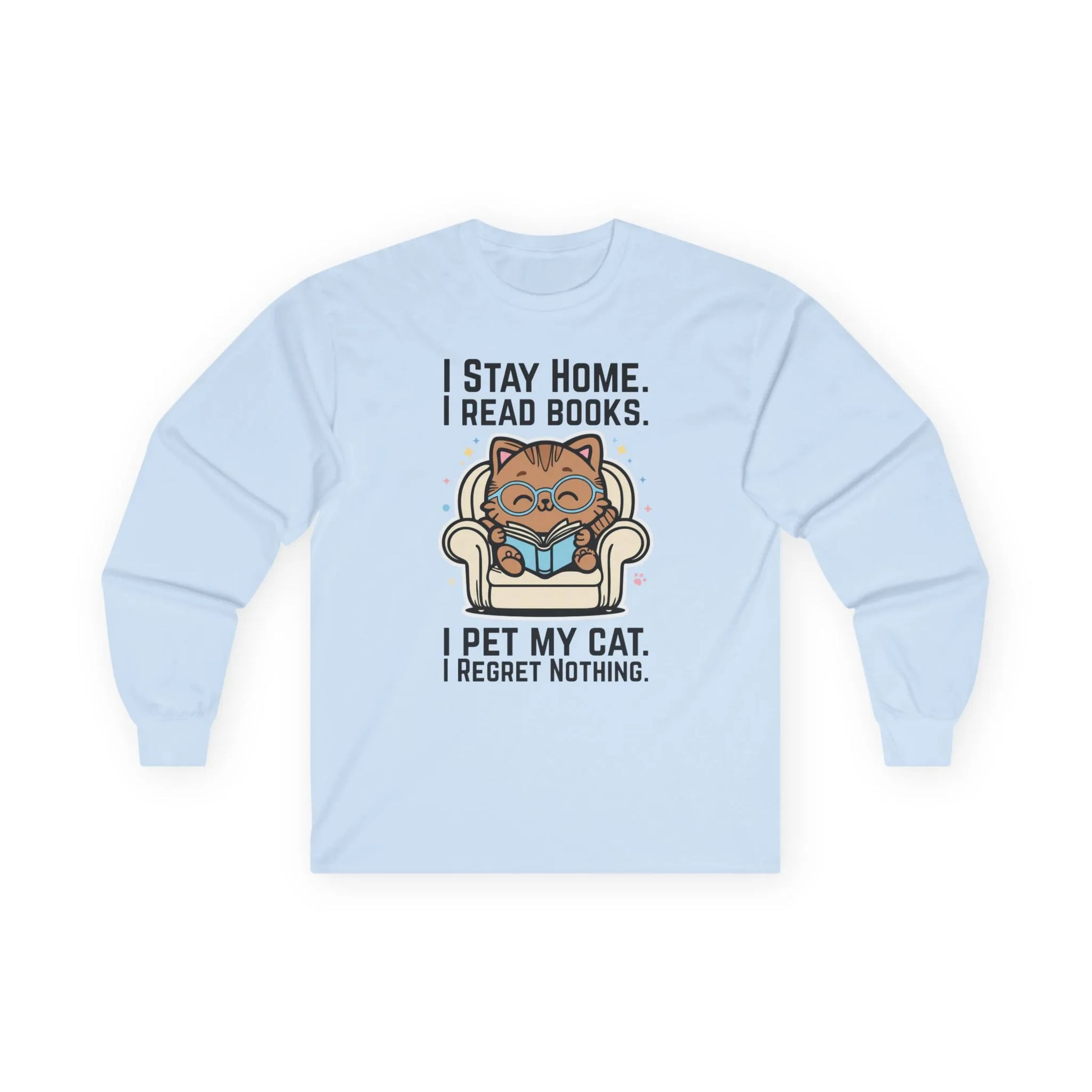 Starry Cat Reader Long Sleeve featuring a cute cat reading in a chair with the text about staying home and loving cats.