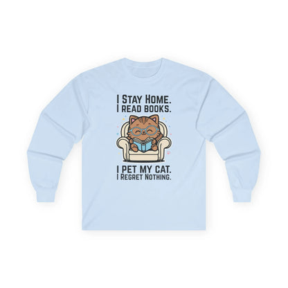 Starry Cat Reader Long Sleeve featuring a cute cat reading in a chair with the text about staying home and loving cats.
