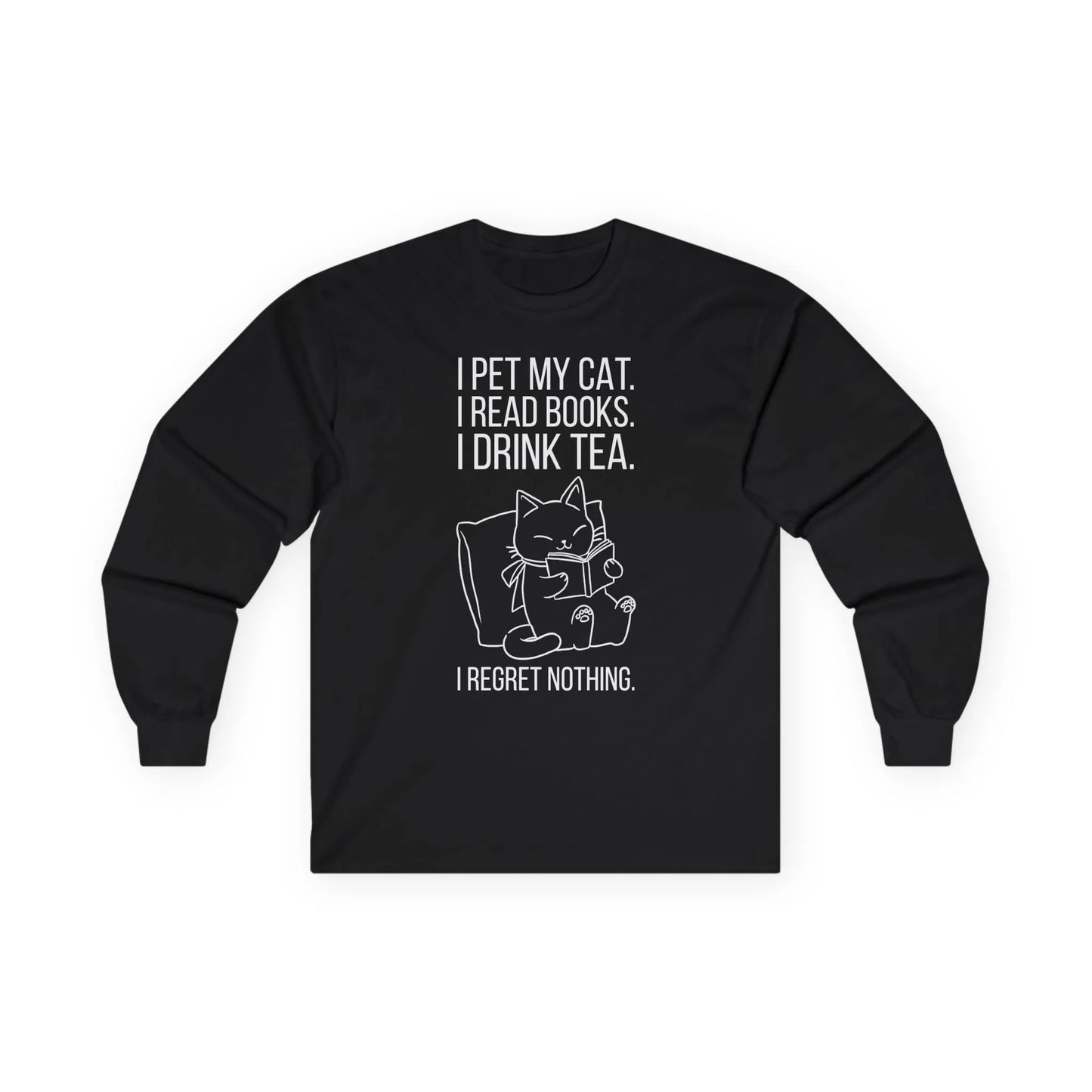 Purrfect Tea & Tales Long Sleeve featuring a whimsical cat illustration and text about petting cats, reading books, and drinking tea.
