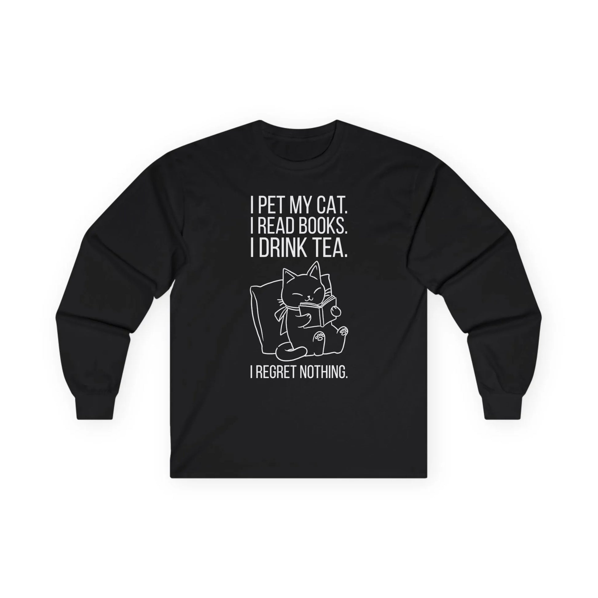 Purrfect Tea & Tales Long Sleeve featuring a whimsical cat illustration and text about petting cats, reading books, and drinking tea.