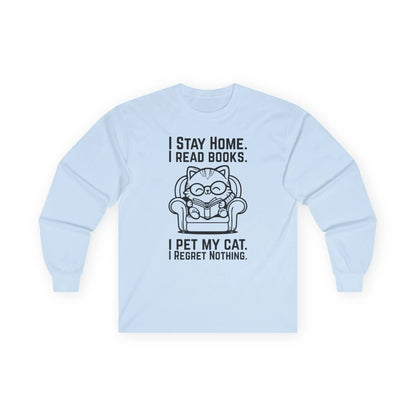 No Regrets, Just Cats Long Sleeve featuring a cozy cat illustration with humorous text for book lovers.