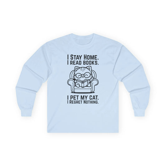 No Regrets, Just Cats Long Sleeve featuring a cozy cat illustration with humorous text for book lovers.