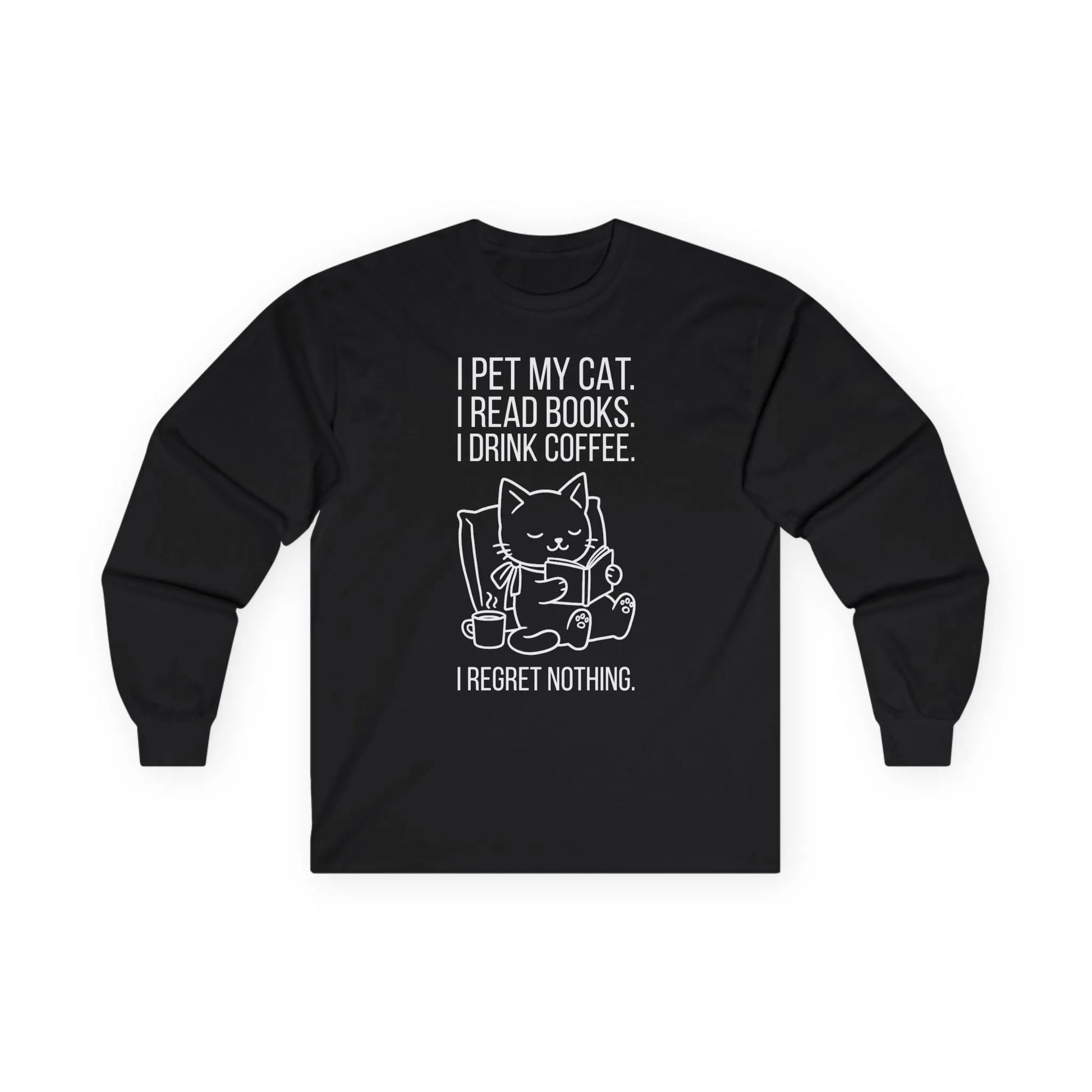 Cat. Books. Coffee. Long Sleeve - black long sleeve shirt featuring a cute cat design and reading quote for book lovers.