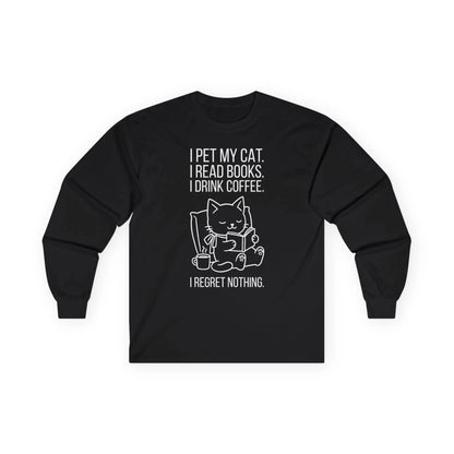 Cat. Books. Coffee. Long Sleeve - black long sleeve shirt featuring a cute cat design and reading quote for book lovers.