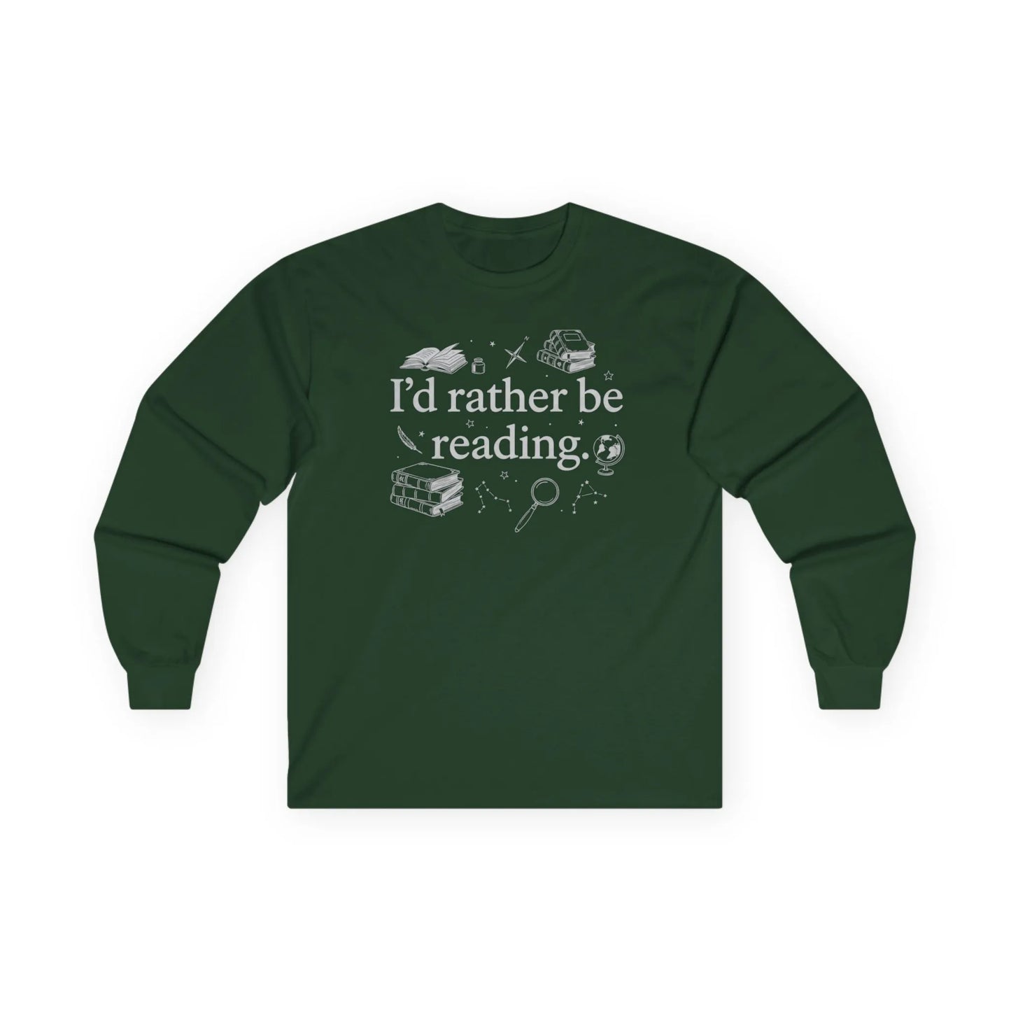 Rather Be Reading 2 Long Sleeve in dark green, showing a book-themed design for book lovers, cozy fit.