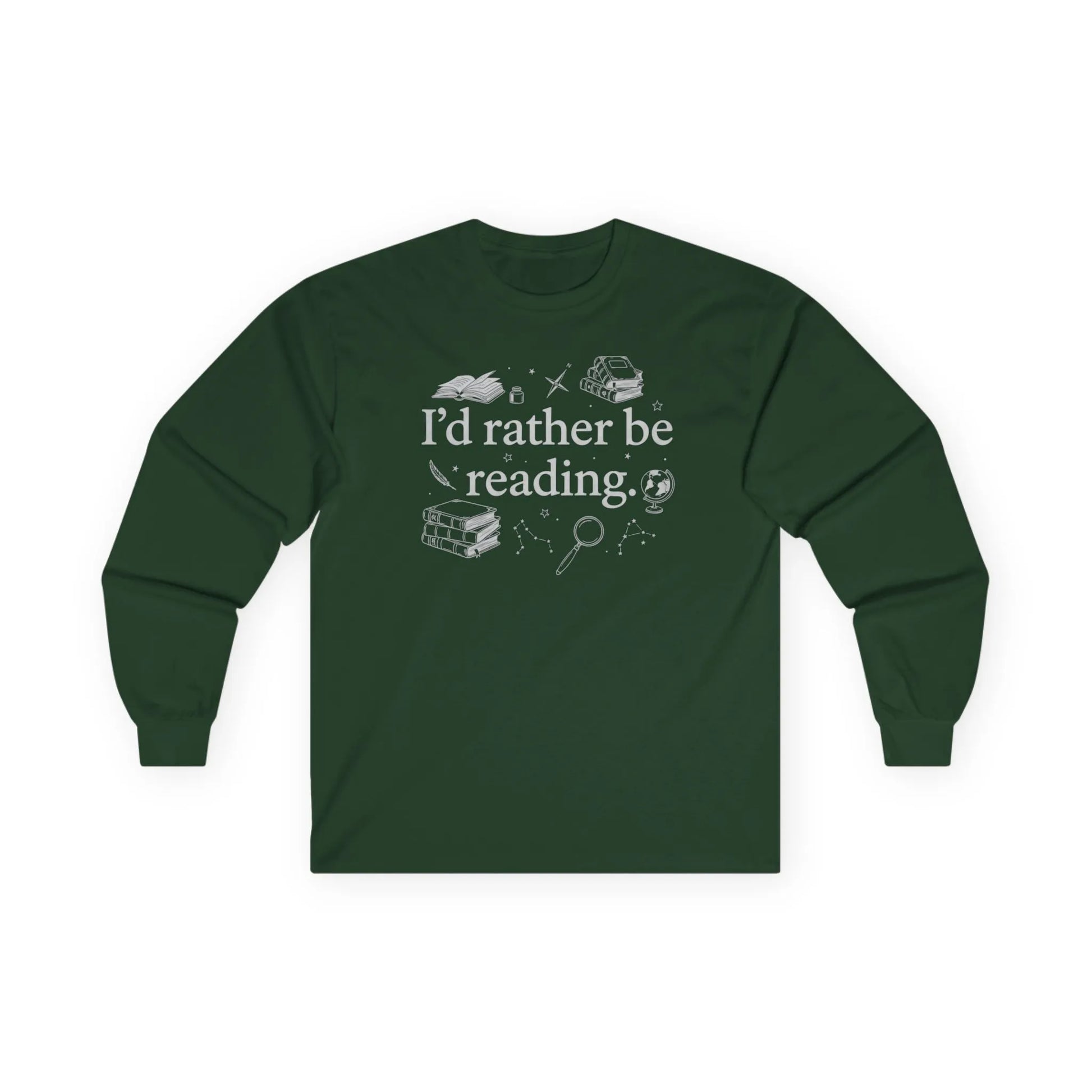 Rather Be Reading 2 Long Sleeve in dark green, showing a book-themed design for book lovers, cozy fit.