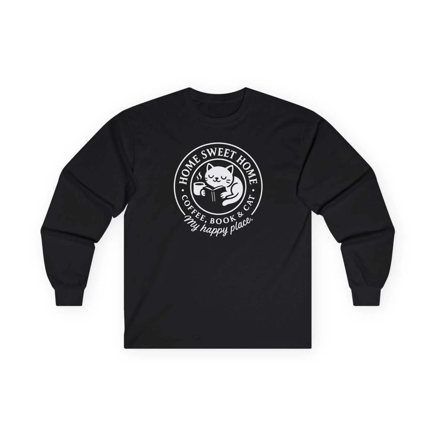 Cozy Cat Haven Long Sleeve featuring a cat with coffee and a book, perfect for readers and cat lovers. Ideal gifts for bookworms!