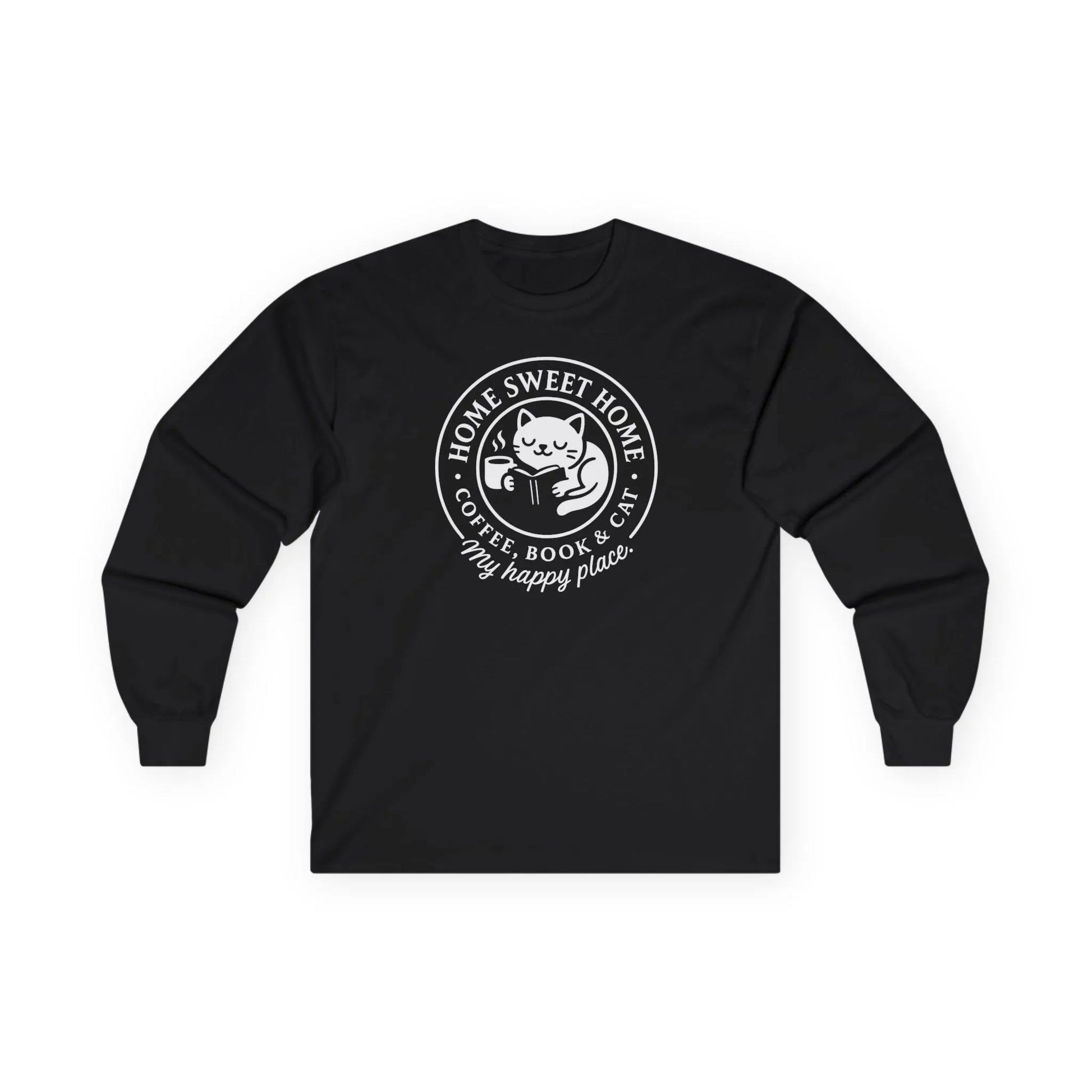 Cozy Cat Haven Long Sleeve featuring a cat with coffee and a book, perfect for readers and cat lovers. Ideal gifts for bookworms!