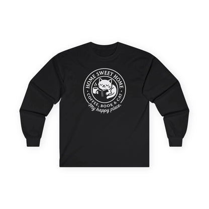 Cozy Cat Haven Long Sleeve featuring a cat with coffee and a book, perfect for readers and cat lovers. Ideal gifts for bookworms!