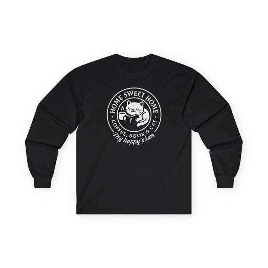 Cozy Cat Haven Long Sleeve featuring a cat with coffee and a book, perfect for readers and cat lovers. Ideal gifts for bookworms!