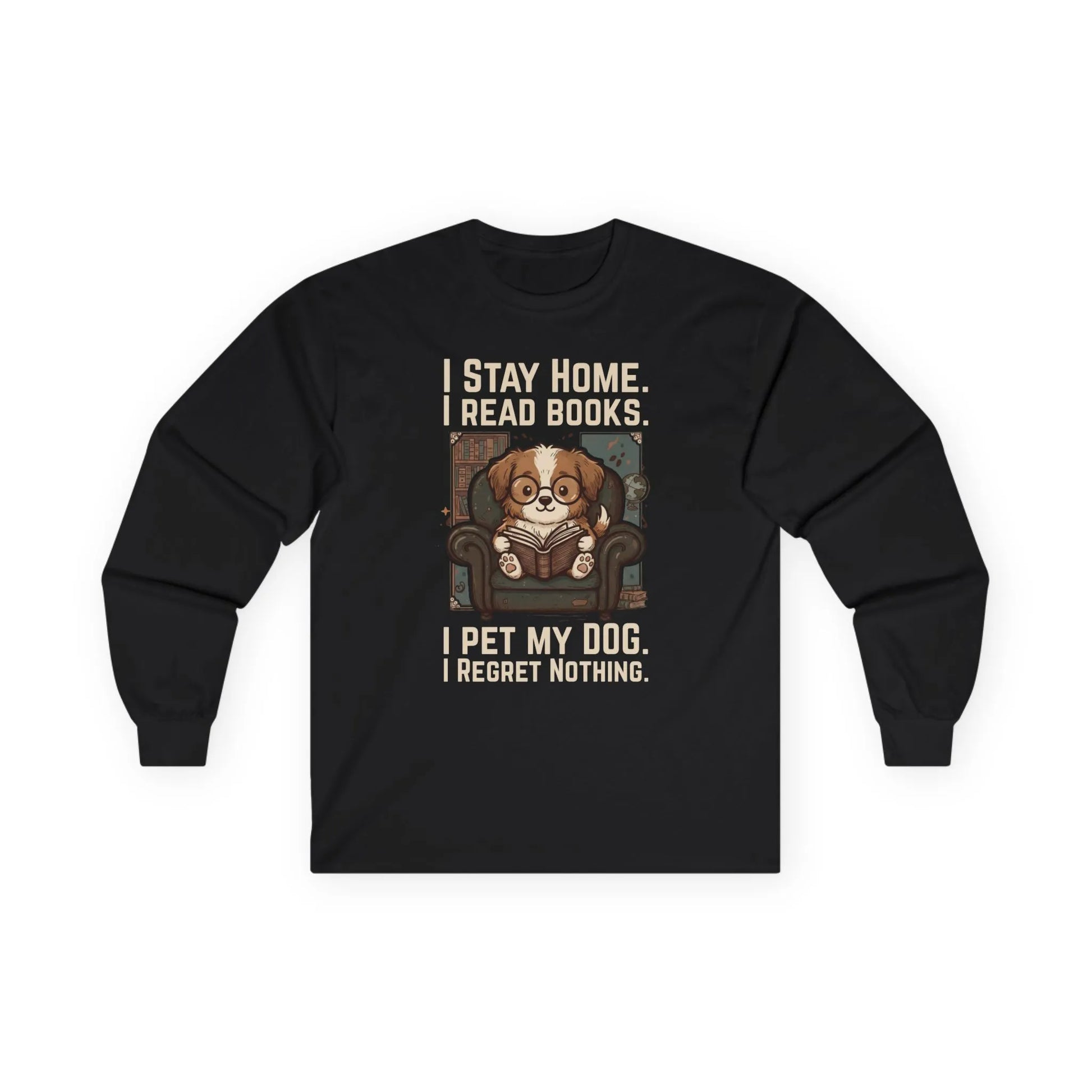 Library Dog Reader Long Sleeve shirt in black featuring a dog reading a book with the text 'I Stay Home, I Read Books.'