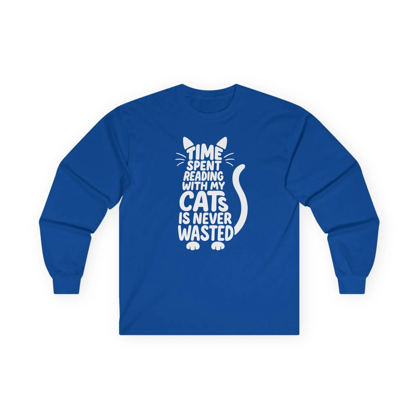 Never Wasted with Cats Long Sleeve features playful text and cat illustration on a cozy blue shirt, perfect for book lovers.
