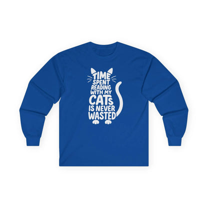 Never Wasted with Cats Long Sleeve features playful text and cat illustration on a cozy blue shirt, perfect for book lovers.