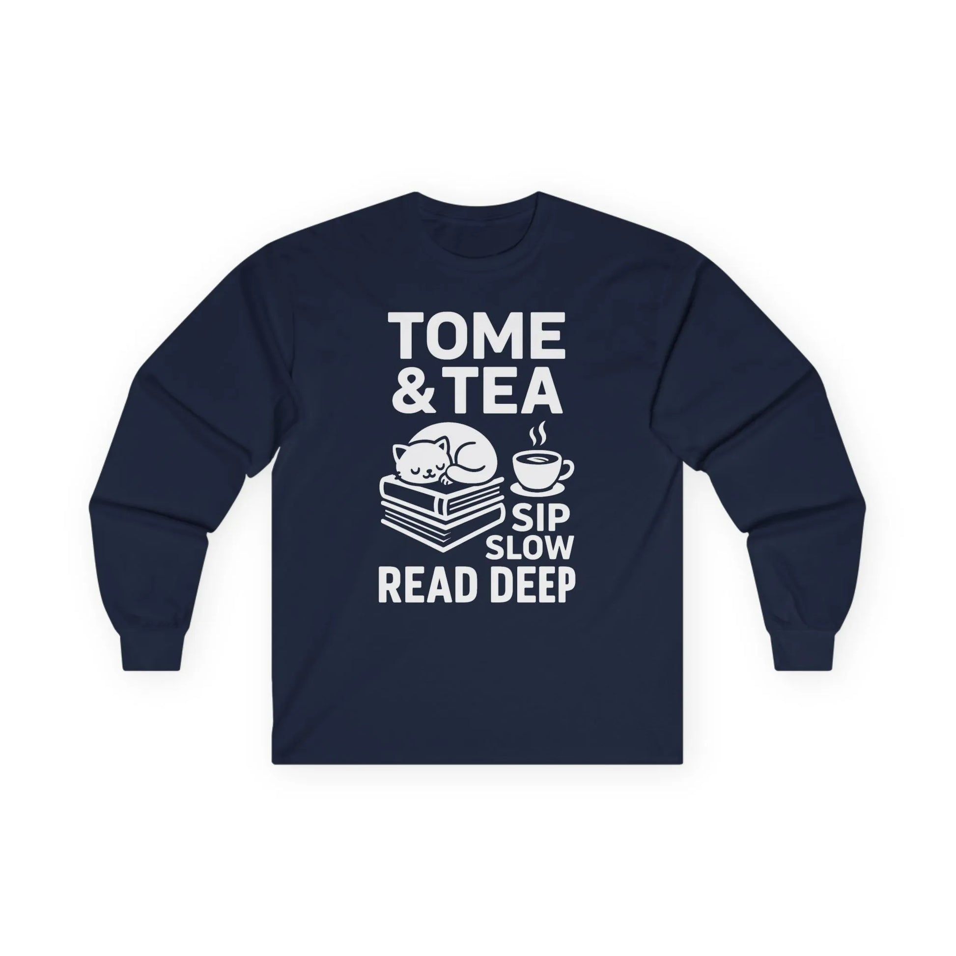 Navy long sleeve shirt featuring a cat on books and the text 'Tome & Tea. Sip Slow. Read Deep.' Perfect for book lovers.