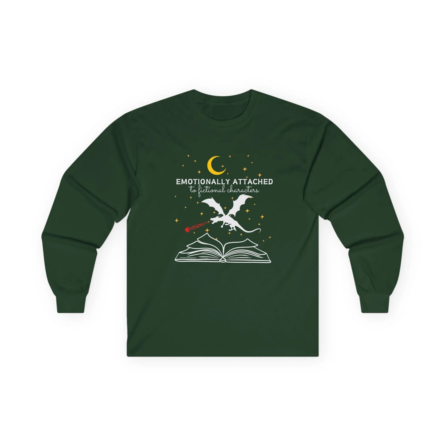 Fictional Characters Long Sleeve shirt with a dragon, open book, and quote for cozy book lovers. Perfect gift for readers!