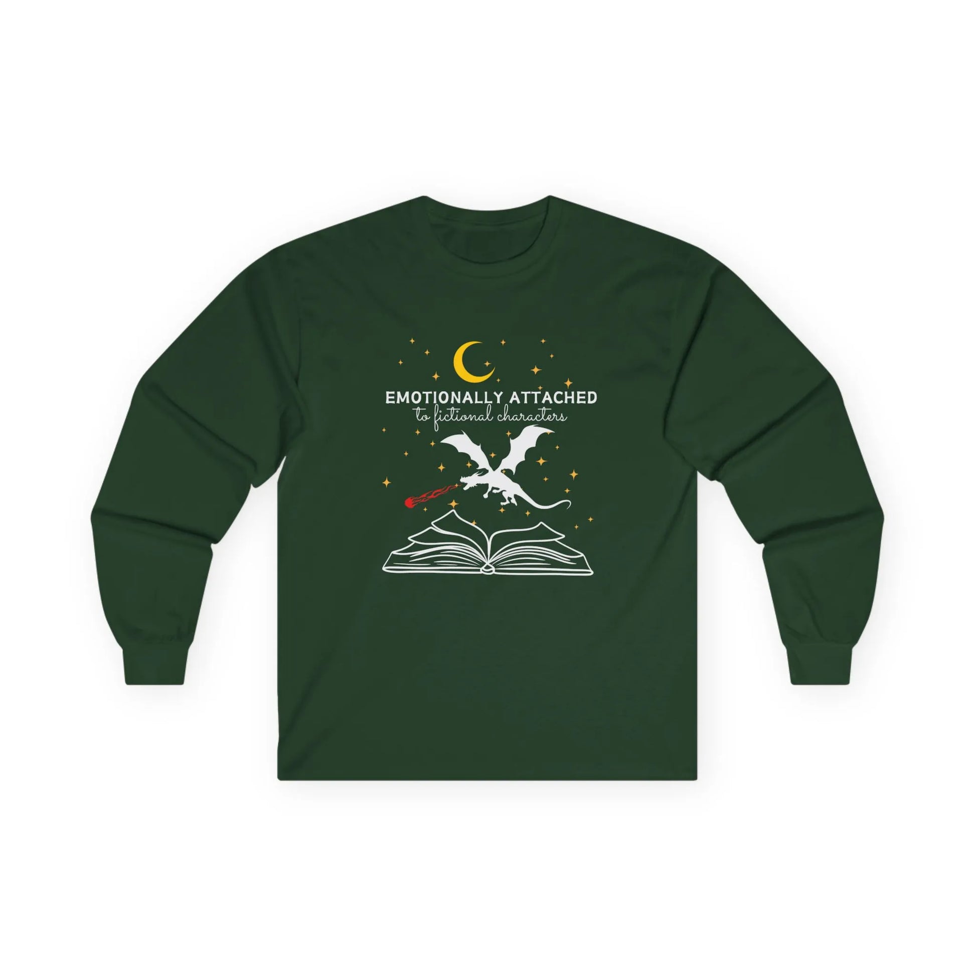 Fictional Characters Long Sleeve shirt with a dragon, open book, and quote for cozy book lovers. Perfect gift for readers!