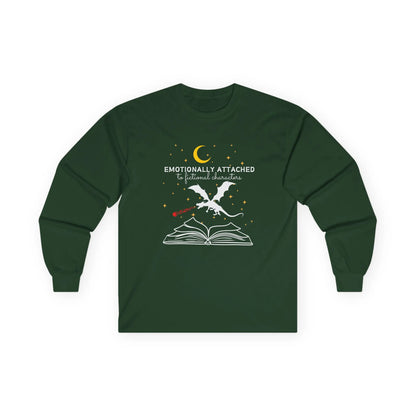 Fictional Characters Long Sleeve shirt with a dragon, open book, and quote for cozy book lovers. Perfect gift for readers!