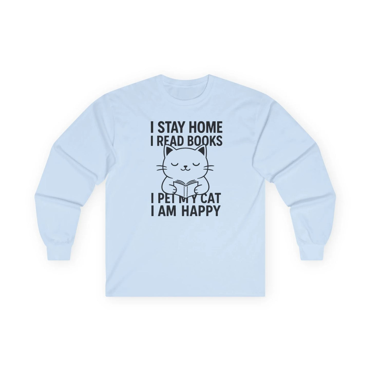 Happy Cat Reader Long Sleeve, cozy reading long sleeve shirt with cat graphic and book lover text on light blue.