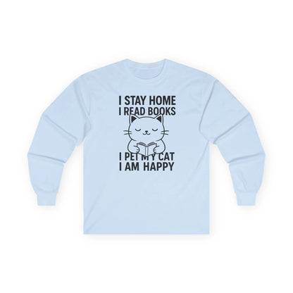 Happy Cat Reader Long Sleeve, cozy reading long sleeve shirt with cat graphic and book lover text on light blue.