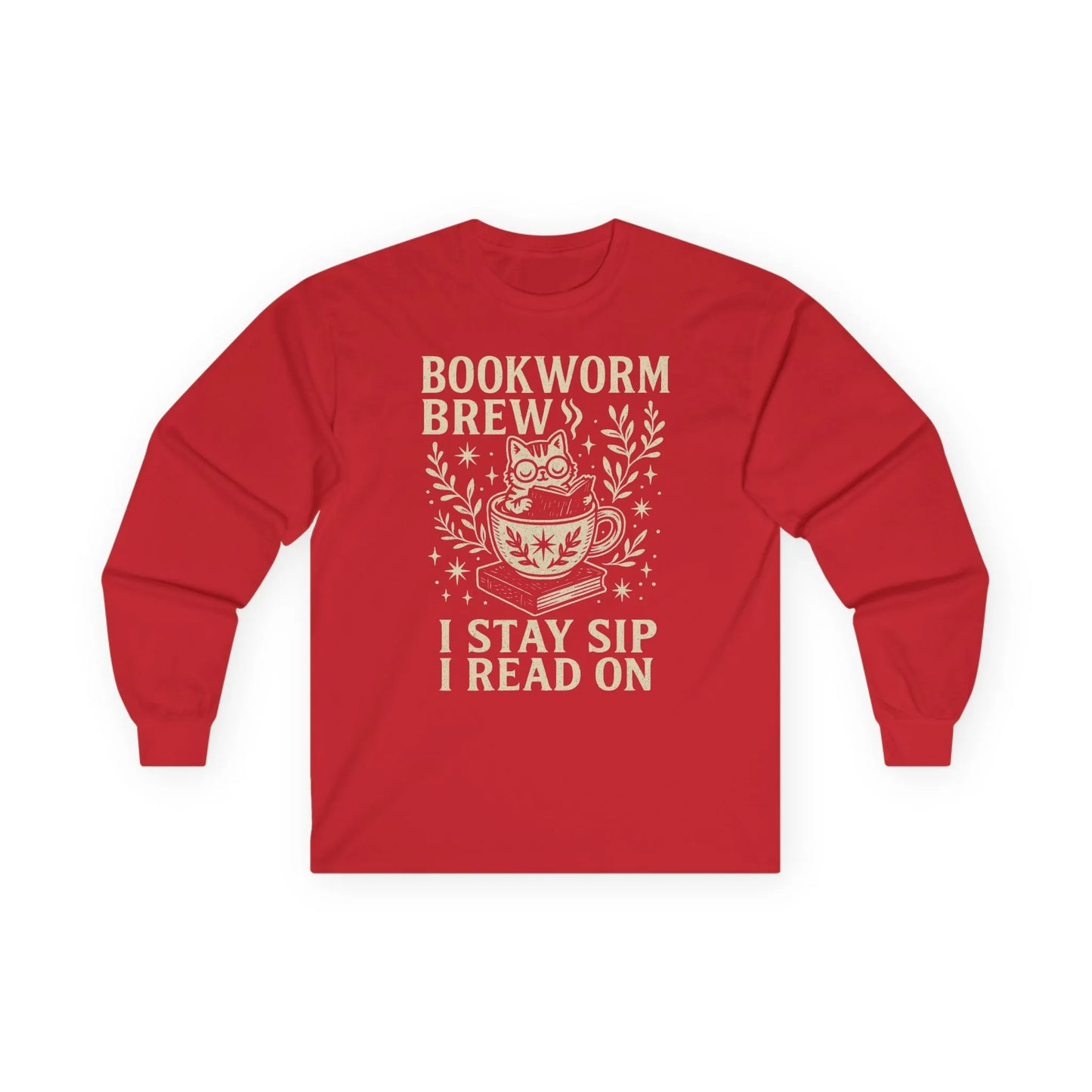 Cozy red long sleeve t-shirt featuring a cat in a cup with ‘Bookworm Brew’ and ‘I stay sip, I read on’ text. Perfect for book lovers.