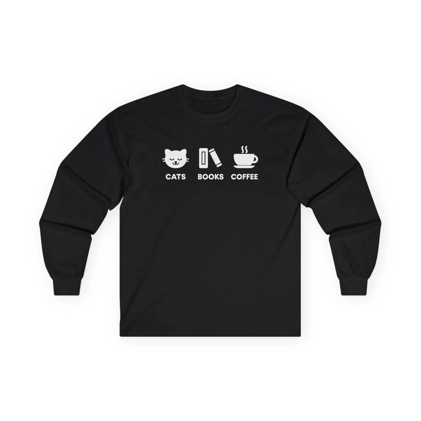Holy Trinity Long Sleeve black long sleeve shirt featuring cute icons for cats, books, and coffee, perfect for cozy reading.