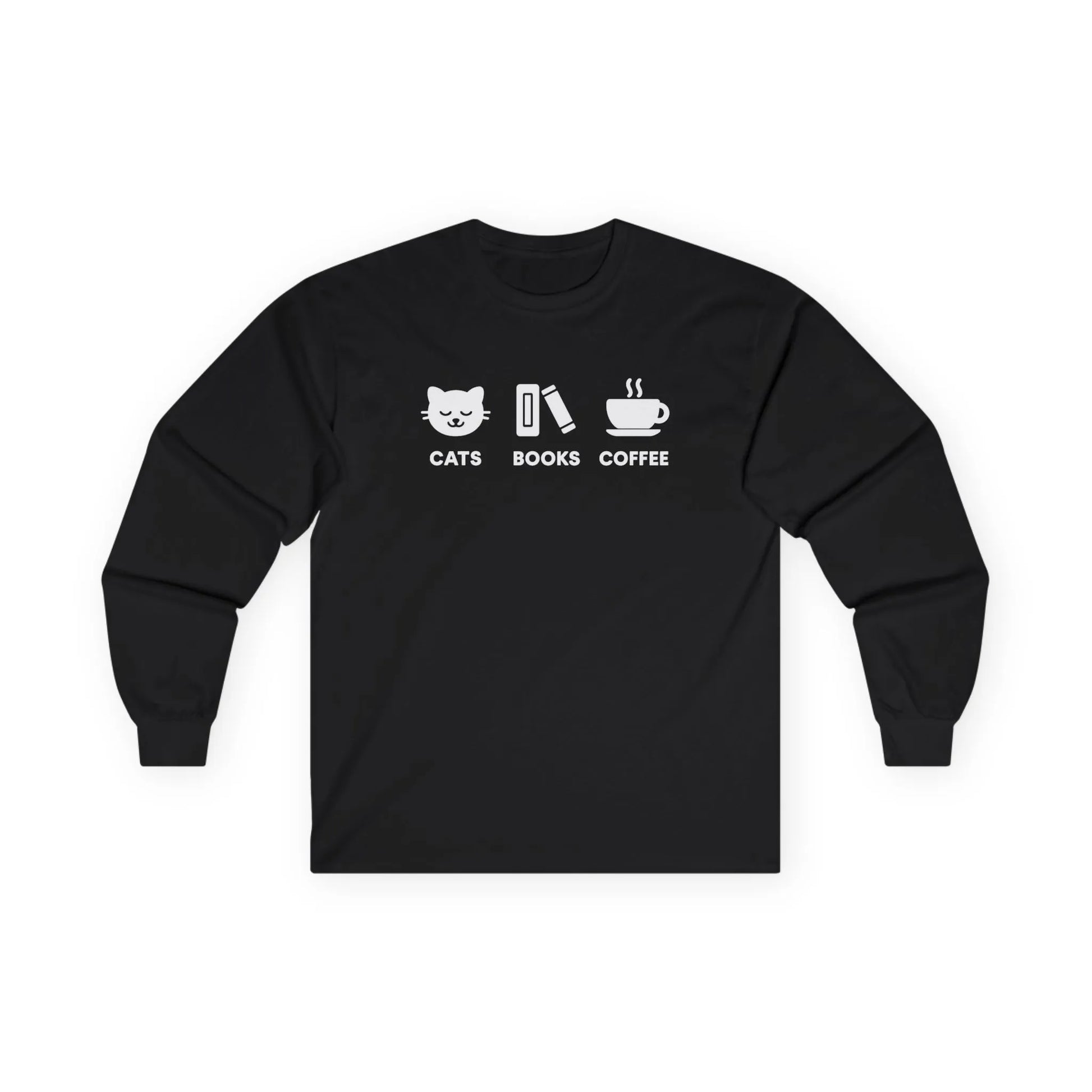 Holy Trinity Long Sleeve black long sleeve shirt featuring cute icons for cats, books, and coffee, perfect for cozy reading.
