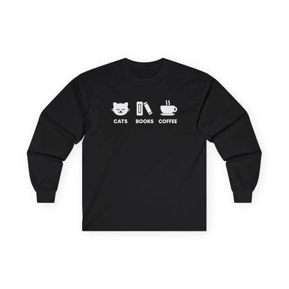 Holy Trinity Long Sleeve black long sleeve shirt featuring cute icons for cats, books, and coffee, perfect for cozy reading.