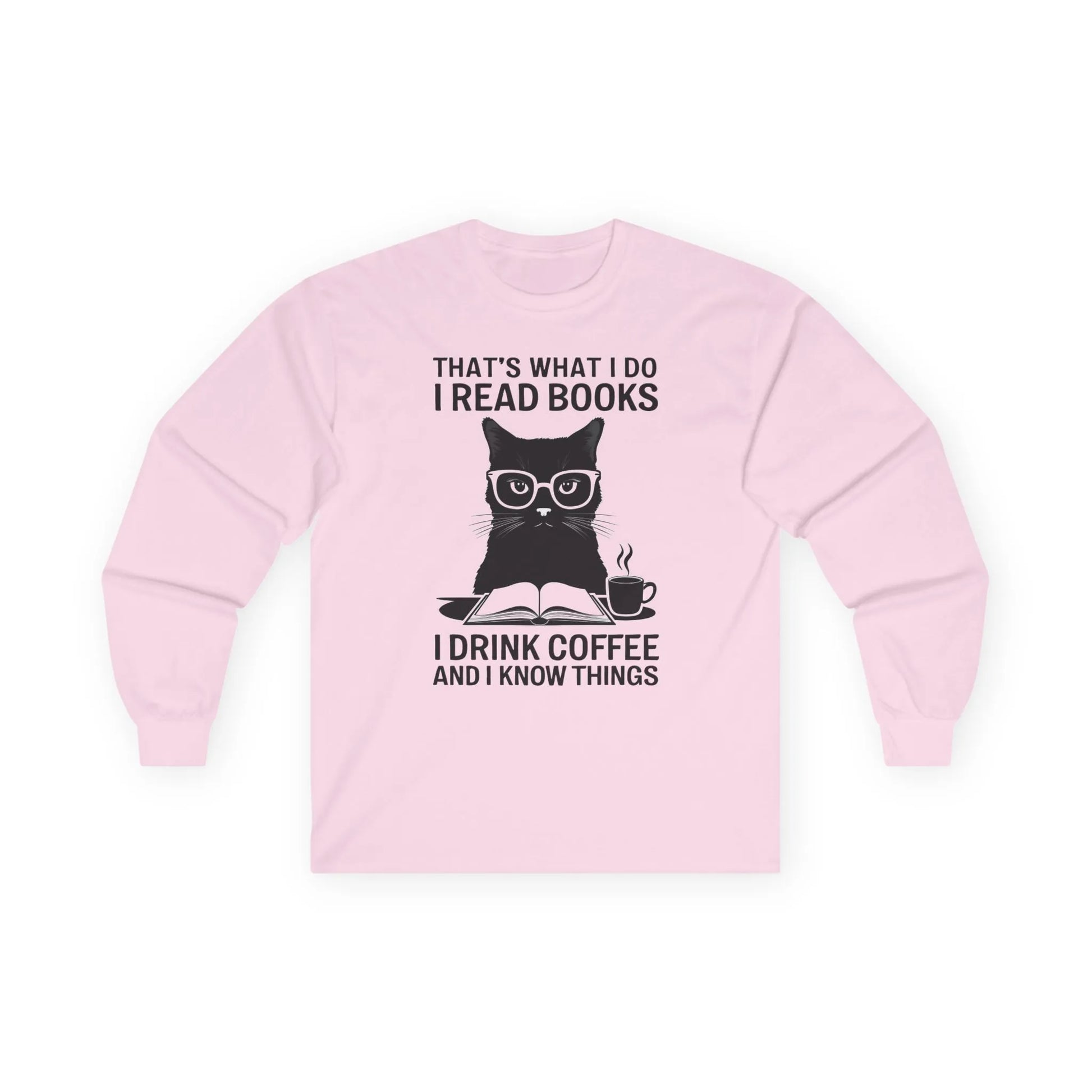 Coffee & Cat Wisdom Long Sleeve featuring a witty cat in glasses, reading a book with coffee—perfect for book lovers and cat fans!