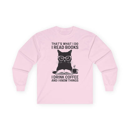 Coffee & Cat Wisdom Long Sleeve featuring a witty cat in glasses, reading a book with coffee—perfect for book lovers and cat fans!