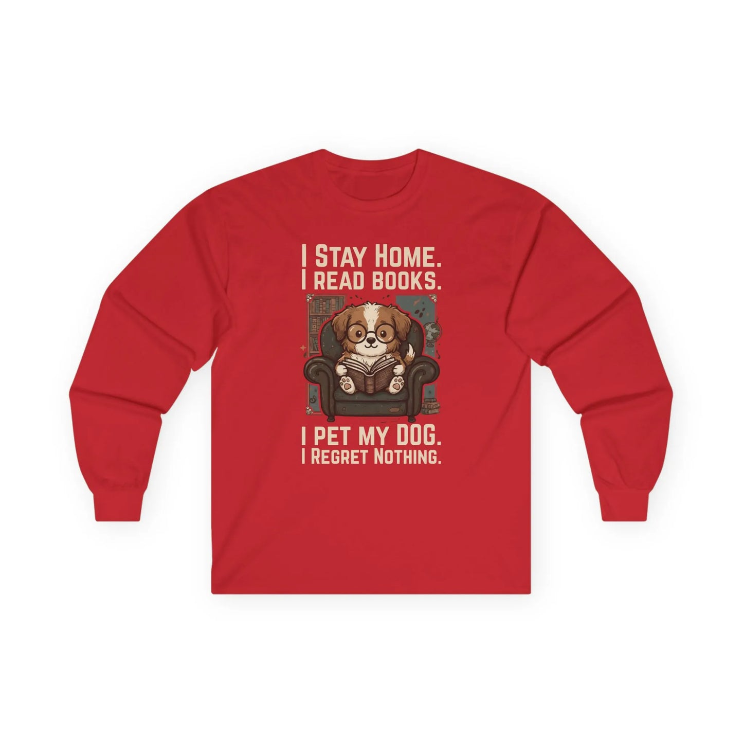 Library Dog Reader Long Sleeve in red featuring a dog reading a book, perfect for cozy reading at home with a dog.