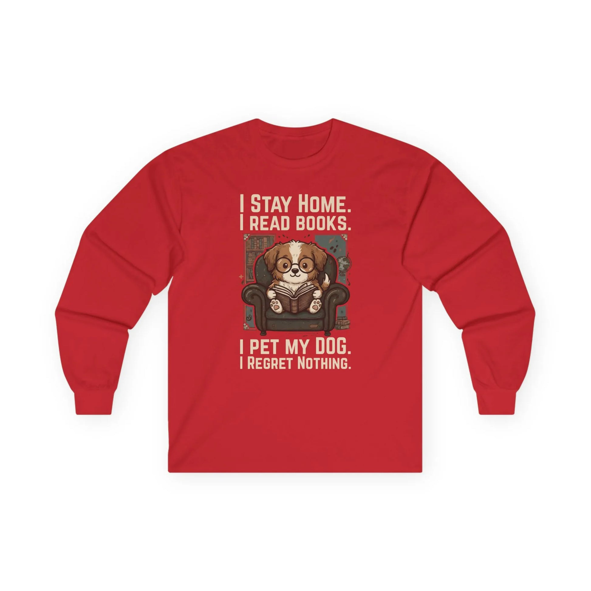 Library Dog Reader Long Sleeve in red featuring a dog reading a book, perfect for cozy reading at home with a dog.
